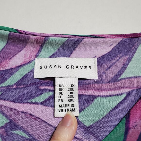 Susan Graver Liquid Knit Mini Dress 1X Plus Tropical Floral Print Green Pink - Picture 8 of 10